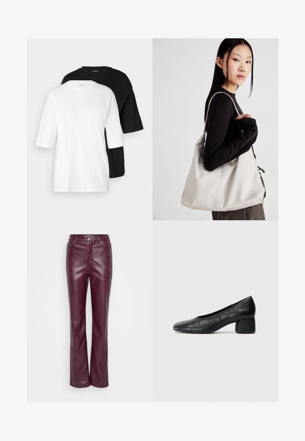 Two short-sleeve t-shirts, one white and one black, made of cotton. Features a crew neckline and a loose, relaxed fit with a smooth texture.; Burgundy leather pants with a fitted waist, straight legs, minimal stitching, and silver button closure. Smooth texture with slight shine.; Black leather pump with a rounded toe and mid-block heel. Smooth texture with minimal detailing, featuring a subtle elastic opening.; Beige handbag made of soft material, featuring a slouchy design, stitched detailing, and two shoulder straps. Suitable for everyday use.