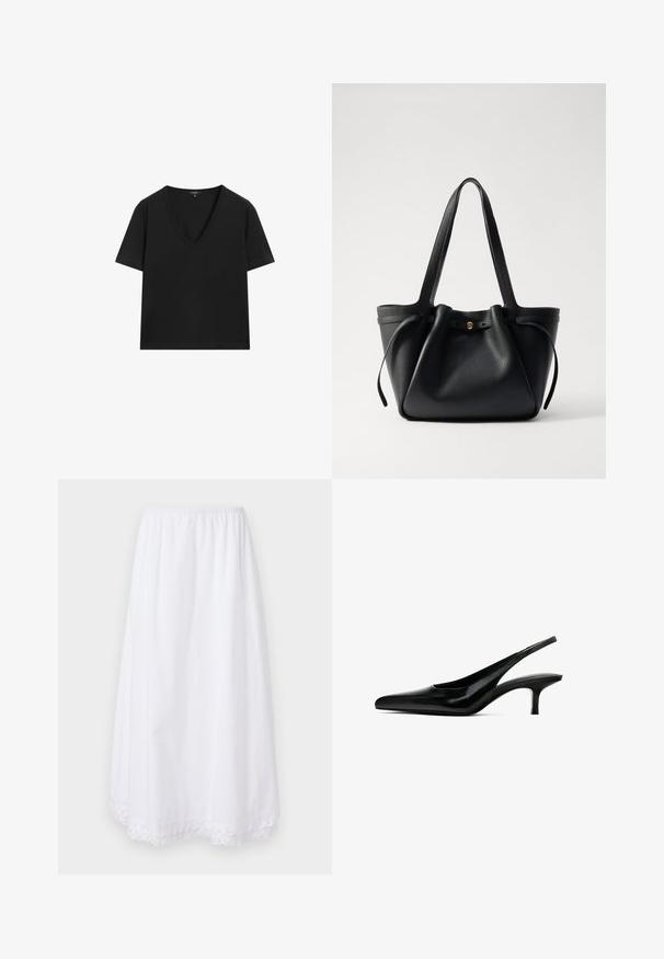 Black short-sleeve V-neck T-shirt with a simple, fitted design on a white background.; White cotton skirt with an elastic waistband and a lace trim at the hem, featuring a flowing, knee-length design.; Black pointed-toe slingback shoe with a glossy leather finish and a thin, low heel. Features a cutout on the side for breathability.; Black leather tote bag with two long straps, a cinched top, and a gold circular accent. Smooth texture with a minimalist design.
