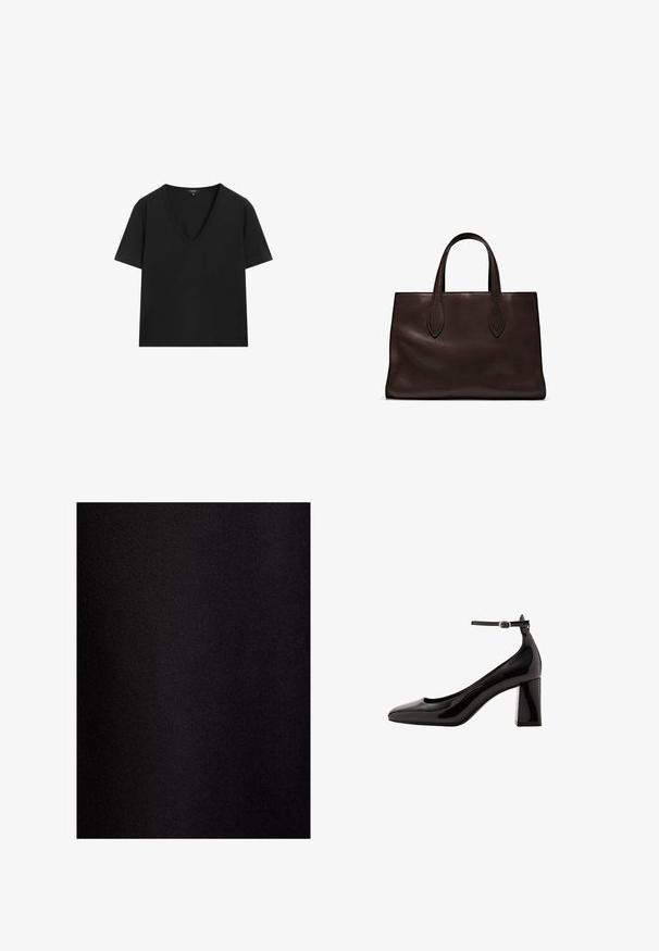 Schwarzes kurzärmeliges V-Ausschnitt-T-Shirt mit einem schlichten, taillierten Design auf einem weißen Hintergrund.; Touché Privé Maxirock - black; Schwarze Lackleder-Pumps mit Knöchelriemen und glänzender Oberfläche, spitzer Zehenform und dickem Blockabsatz. Sanfte Textur, minimalistische Details.; Braune Ledertasche mit zwei langen Griffen, strukturierte rechteckige Form, glatte Textur und dezente Nähdetails.