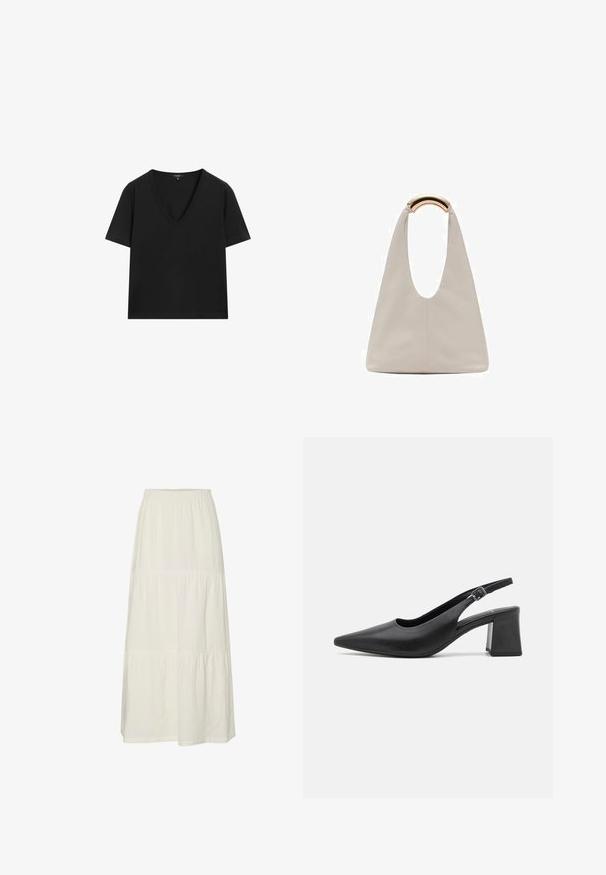 Maglietta nera a maniche corte con scollo a V, dal design semplice e aderente, su sfondo bianco.; Gonna maxi bianca a strati realizzata in tessuto leggero e testurizzato con vita elastica. Caratterizzata da tre sezioni di tessuto distinte.; Scarpa con tacco slingback in pelle nera, con punta appuntita e tacco a blocco chunky. Presenta una tracolla regolabile con fibbia in metallo.; Borsa in pelle grigio chiaro con design a forma di U e manico metallico curvo. Texture liscia con cuciture minime e senza motivi visibili.