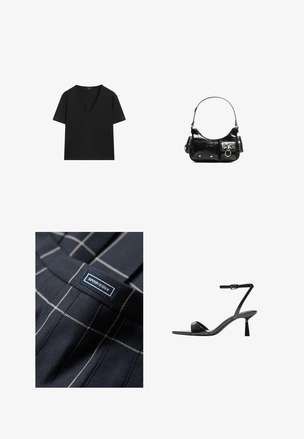 Czarny T-shirt z krótkim rękawem i dekoltem w serek o prostym, dopasowanym kroju na białym tle.; Granatowe spodnie w kratę z białymi liniami, z przyszytą metką z napisem "SUPERDRY". Tekstura tkaniny jest gładka i solidna.; Bershka - Sandały na obcasie; Czarna torebka z lakierowanej skóry o zaokrąglonym kształcie, z jednym paskiem na ramię, przednimi kieszeniami i akcentami w kolorze srebrnym.