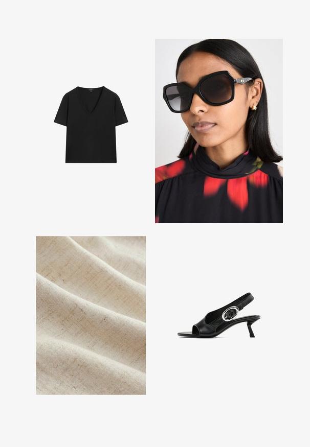 Schwarzes kurzärmeliges V-Ausschnitt-T-Shirt mit einem schlichten, taillierten Design auf einem weißen Hintergrund.; Helles beige Gewebe mit einer subtilen Textur und schwachen Linien, die ein sanftes, gewebtes Erscheinungsbild erzeugen. Es fällt glatt in sanften Falten.; Schwarzer Leder-Slingback-Schuh mit offener Spitze, der eine silberne ovale Schnalle am Riemen und einen schlanken Blockabsatz aufweist. Glatte Textur.; Schwarze übergroße Sonnenbrille mit geometrischem Rahmen, dunkel getönten Gläsern und goldfarbenen Akzenten, getragen mit einem hochgeschlossenen Oberteil im floralen Muster.