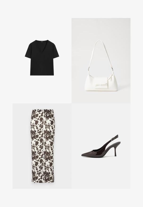 Svart kortärmad V-ringad T-shirt med en enkel, figurnära design på en vit bakgrund.; Mörkbrun och vit mönstrad maxikjol med en slät textur, figurnära design och sidospetsdetalj. Elastisk midja för komfort.; Högklackad slingback-sko i blankt mörkbrunt lackläder, spetsig tå, öppna sidor och justerbart ankelsnöre.; Vit syntetisk handväska med triangulär form, platt framklaff och rosettdetalj, justerbar rem, slät textur och minimalistisk design.