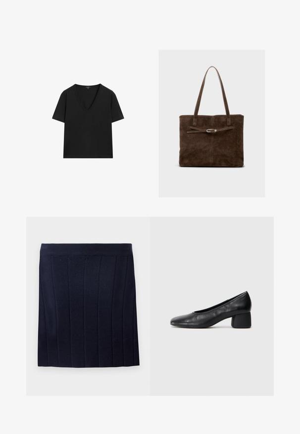 Zwarte T-shirt met korte mouwen en V-hals, met een eenvoudig, aansluitend ontwerp op een witte achtergrond.; Object OBJTHESS - Minirok - sky captain; Zwarte leren pump met een ronde neus en een middenblokhak. Glad textuur met minimale details, voorzien van een subtiele elastische opening.; Bruine suede tote bag met lange handvatten, met een vlakke body en een decoratieve riem met een zilveren hardware accent.