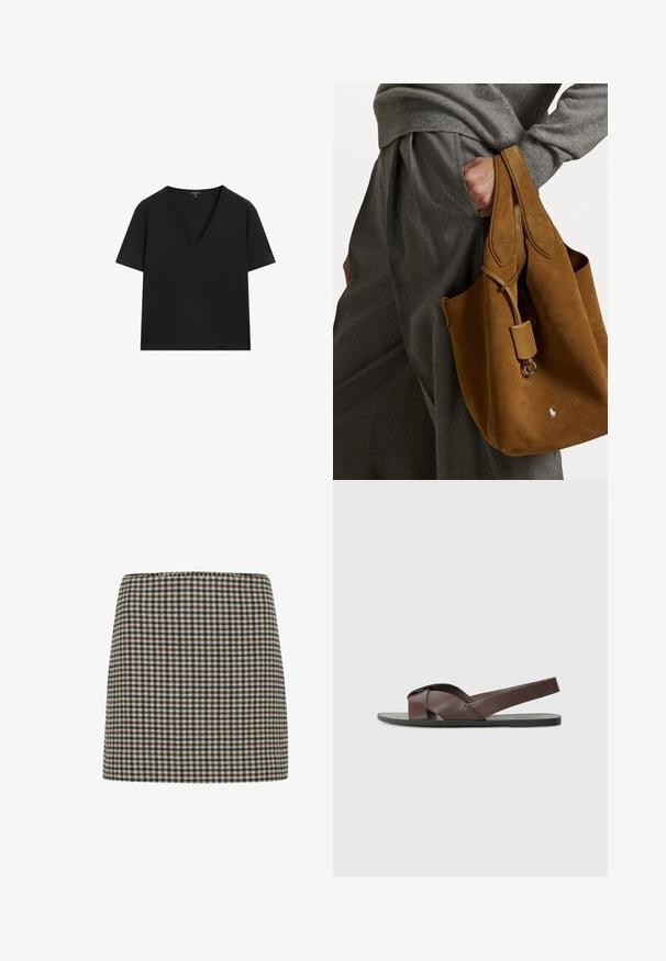 Zwarte T-shirt met korte mouwen en V-hals, met een eenvoudig, aansluitend ontwerp op een witte achtergrond.; Gekblokte minirok in zwart, bruin en crème. Gestructureerde vorm met een hoge taille. Zachte textuur van de stof met een consistent ruitpatroon.; Bruine leren sandaal met een kruisbandontwerp, vlakke zwarte zool en verstelbare achterband. Gladde textuur en minimale hardwaredetails.; Bruine suède tote bag met een ronde vorm, dubbele handvatten en een metalen hardware accent. Heeft een klein logo aan de voorkant.