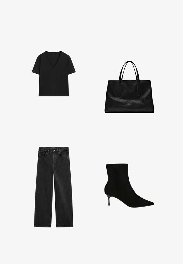 Černé tričko s krátkým rukávem a výstřihem do V s jednoduchým, přiléhavým designem na bílém pozadí.; Široké černé džínové kalhoty s jemným vertikálním pruhovaným vzorem, s pěti kapsami a klasickým zapínáním na knoflík v pase.; Černé semišové kotníkové boty s špičatou špičkou a štíhlým jehlovým podpatkem. Hladká textura a přiléhavý silueta zvýrazňují design.; Černá kožená taška na rameno s dvěma dlouhými uchy, strukturovaným tvarem, hladkou texturou a minimalistickým designem. Žádné viditelné kovové prvky ani ozdoby.