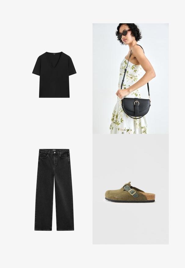 Sort kortærmet V-hals T-shirt med et simpelt, tætsiddende design på en hvid baggrund.; Bredde ben sorte denimbukser med en subtil lodret stribepattern, der har fem lomme-design og en klassisk knaplukning i taljen.; Oliven grøn ruskinds slip-on clog med en kork sål. Har en spænde-rem og en rund tå, samt en tekstureret gummisål.; Sort læderhåndtaske med en buet form, aftagelig rem og guldfinish. Tasken har en klap med en spænde detalje.