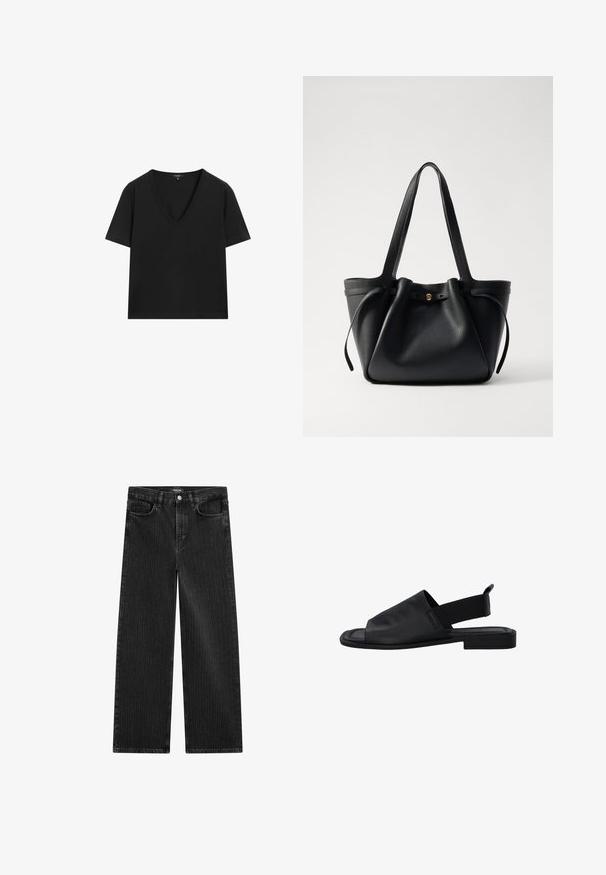 Zwarte T-shirt met korte mouwen en V-hals, met een eenvoudig, aansluitend ontwerp op een witte achtergrond.; Wijd gesneden zwarte denim jeans met een subtiel verticaal streepmotief, voorzien van een vijfzakkenontwerp en een klassieke knoopsluiting bij de taille.; Zwarte leren slingback sandaal met een elastische band, open teen en platte zool. Beschikt over een soepele textuur en minimalistisch design.; Zwarte lederen tote bag met twee lange hengsels, een gathered bovenkant en een gouden ronde accent. Glad textuur met een minimalistisch ontwerp.