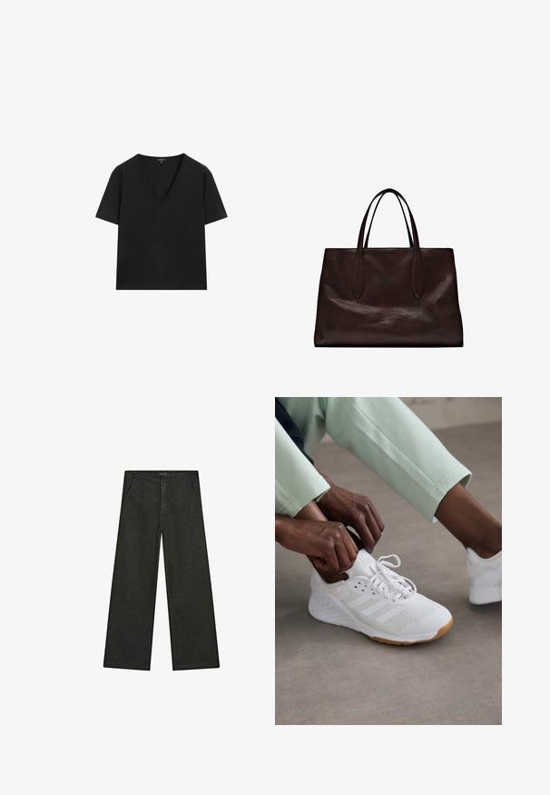 Czarny T-shirt z krótkim rękawem i dekoltem w serek o prostym, dopasowanym kroju na białym tle.; Szerokie czarne dżinsy z średnim stanem, z dwiema przednimi kieszeniami oraz czystym, minimalistycznym designem bez widocznych ozdób.; Białe buty sportowe z siateczkową cholewką, gumową podeszwą i wzorem w trzy paski. Sznurowadła są regulowane; widoczne jasnoszare i miętowe ubrania.; Massimo Dutti - Torebka