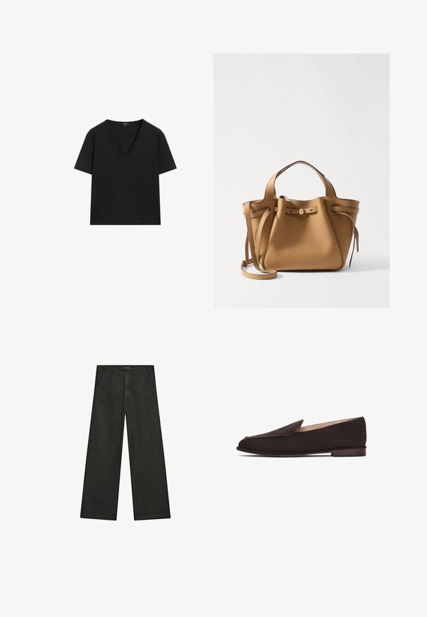 Zwarte T-shirt met korte mouwen en V-hals, met een eenvoudig, aansluitend ontwerp op een witte achtergrond.; Wijd uitlopende zwarte denim broek met een middelhoge taille, twee zijzakken en een eenvoudige, minimalistische uitstraling zonder zichtbare versieringen.; Zwarte loafers met een gladde stof bovenkant, puntige neus en lage houten hak. Heeft een eenvoudig instapontwerp zonder zichtbare bevestigingen of versieringen.; Tory Burch ROMY PEBBLED SATCHEL - Handtas - tiramisu