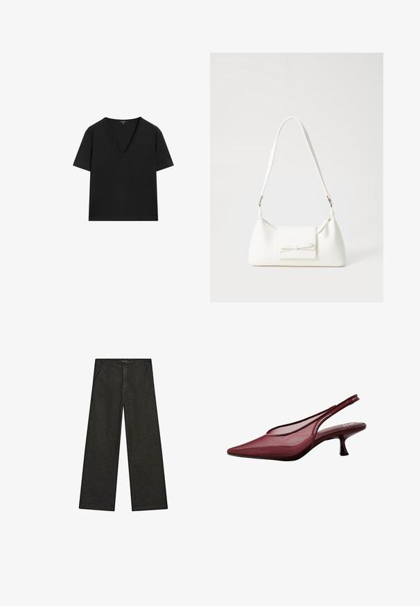 Svart kortärmad V-ringad T-shirt med en enkel, figurnära design på en vit bakgrund.; Svarta denimbyxor med vida ben, med medelhög midja, två framfickor och en ren, minimalistisk design utan synliga dekorationer.; Burgundy slingback-pumps med spetsig tå och överdel i mesh. Har en smal klack och skärmdesign som ger en elegant silhuett.; Vit syntetisk handväska med triangulär form, platt framklaff och rosettdetalj, justerbar rem, slät textur och minimalistisk design.