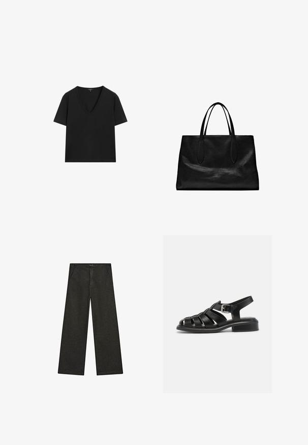 Svart kortärmad V-ringad T-shirt med en enkel, figurnära design på en vit bakgrund.; Svarta denimbyxor med vida ben, med medelhög midja, två framfickor och en ren, minimalistisk design utan synliga dekorationer.; Svarta lädersandaletter med ett banddesign, öppen tå och ankelspänne. Har en låg blockklack och en slät, matt yta.; Svart läder tote-väska med två förlängda handtag, en strukturerad form, slät textur och minimalistisk design. Inga synliga beslag eller detaljer.
