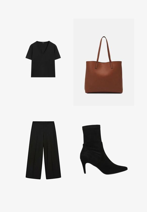 Černé tričko s krátkým rukávem a výstřihem do V s jednoduchým, přiléhavým designem na bílém pozadí.; Černé široké kalhoty vyrobené z jemné tkaniny, s vysokým pasem a skládanými detaily, hladkého povrchu a bez viditelných ozdob.; Wojas Kotníkové boty - czarny; Hnědá kožená taška přes rameno s hladkou texturou, otevřeným designem a dvěma ramenními popruhy. Obsahuje minimální švy a žádné viditelné kovové prvky.