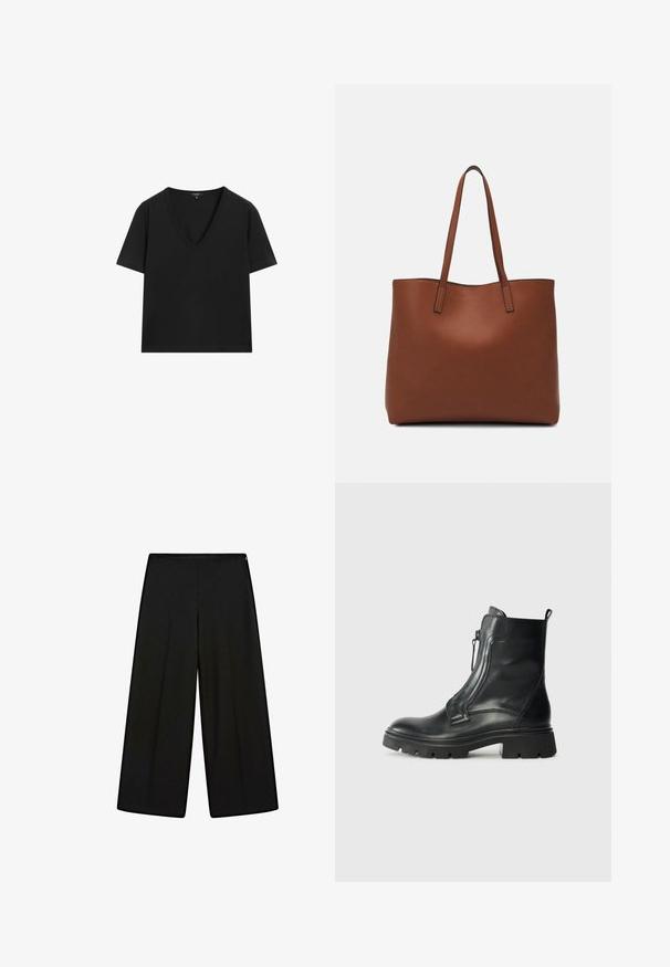 Black short-sleeve V-neck T-shirt with a simple, fitted design on a white background.; Black wide-leg trousers made of soft fabric, featuring a high waist and pleats, with a smooth texture and no visible embellishments.; Black leather ankle boot with a chunky rubber sole, side zipper, smooth texture, and a slightly rounded toe. Minimalist design with no patterns.; Brown leather tote bag with a smooth texture, open top design, and two shoulder straps. Features minimal stitching and no visible hardware.