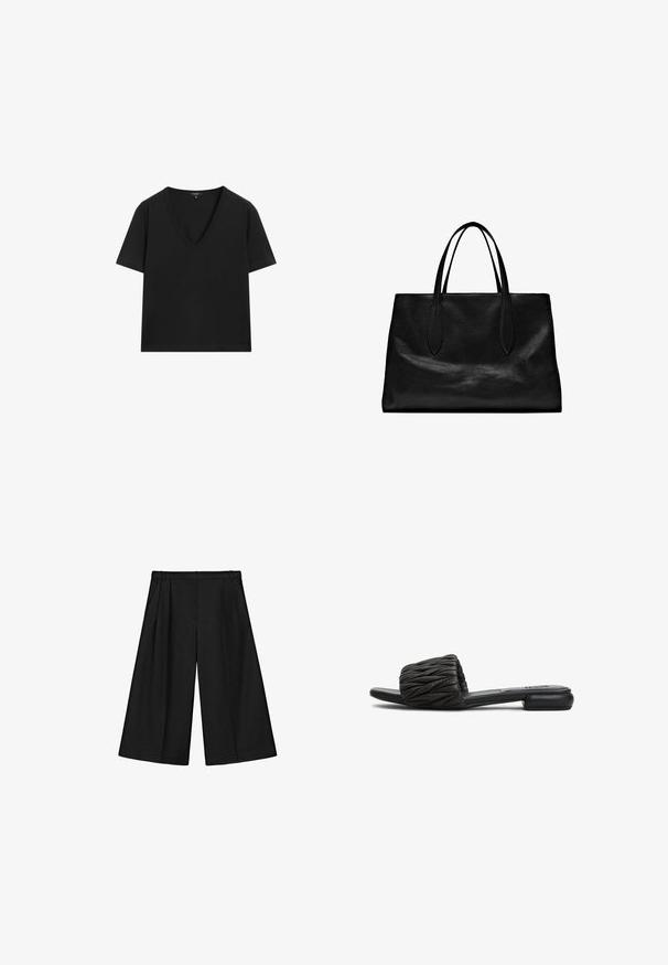 Sort kortærmet V-hals T-shirt med et simpelt, tætsiddende design på en hvid baggrund.; Sorte vidde-bukser med kapper, plisseringer og bæltestropper, lavet af et glat stof.; Sort glidesandal med en quiltet overdel, flad sål og minimalistisk design. Lavet af syntetisk materiale med en glat tekstur og uden synligt hardware.; Sort læder tote bag med to forlængede hanke, en struktureret form, glat tekstur og minimalistisk design. Ingen synlig hardware eller accenter.