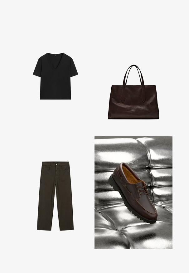 Sort kortærmet V-hals T-shirt med et simpelt, tætsiddende design på en hvid baggrund.; Mørkegrønne brede jeans lavet af en bomuldsblanding, med en frontlukning med knap, fem lommer og klassisk denim-syning.; Brune læder bådsko med sort gummisål hvilende på en skinnende metallisk sølvfarvet polstret overflade.; Massimo Dutti Håndtasker - brown