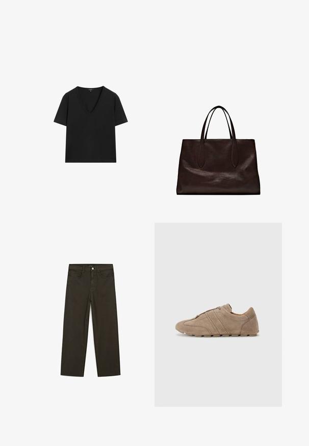 Black short-sleeve V-neck T-shirt with a simple, fitted design on a white background.; Dark green wide-leg jeans made of cotton blend, featuring a front button closure, five pockets, and classic denim stitching.; Beige suede shoes with a low profile, featuring stitched lines and a textured surface, complemented by rubber traction outsoles.; Massimo Dutti Handbag - brown