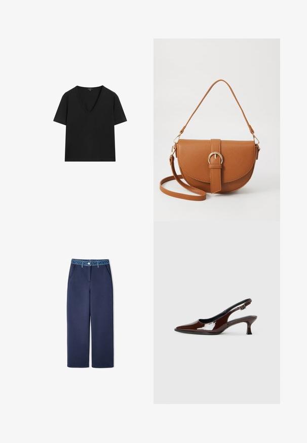 Zwarte T-shirt met korte mouwen en V-hals, met een eenvoudig, aansluitend ontwerp op een witte achtergrond.; Marineblauwe wijde broek gemaakt van zachte stof met een licht elastische denim tailleband, voorzien van zijzakken en een knoopsluiting.; Bruine gepatineerde leren slingback-schoen met een spitse neus en een gematigd hakje. Voorzien van een gespsluiting voor een veilige pasvorm. Glad van textuur.; Bruine leren schoudertas met een gebogen vorm, gouden hardware en een gespaccent. Bevat een afneembare schouderriem.