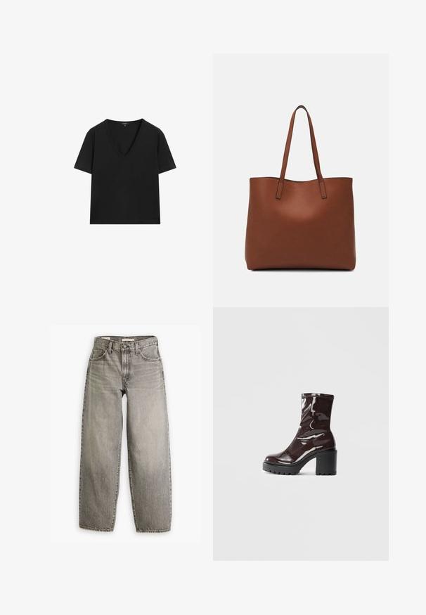 Černé tričko s krátkým rukávem a výstřihem do V s jednoduchým, přiléhavým designem na bílém pozadí.; Světle šedé široké džíny s vysokým pasem, pěti kapsami a výrazným švem. Mají vybledlý vzhled a surový lem na spodním okraji.; Lesklá bordó kotníková bota s masivním černým podpatkem, se hladkým povrchem a jednoduchým designem. Žádné viditelné zapínání ani vzory.; Hnědá kožená taška přes rameno s hladkou texturou, otevřeným designem a dvěma ramenními popruhy. Obsahuje minimální švy a žádné viditelné kovové prvky.
