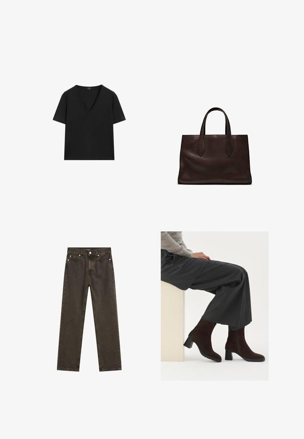 Maglietta nera a maniche corte con scollo a V, dal design semplice e aderente, su sfondo bianco.; Jeans dritti di colore marrone scuro in denim, caratterizzati da un classico design a cinque tasche, accessori in metallo e dettagli di cucitura visibili.; Stivaletti alla caviglia in suede marrone con tacco a blocco e zip laterale, abbinati a pantaloni grigi larghi, poggiati su un piedistallo chiaro.; Borsa a spalla in pelle marrone con due manici lunghi, forma rettangolare strutturata, texture liscia e dettagli di cucitura sottili.