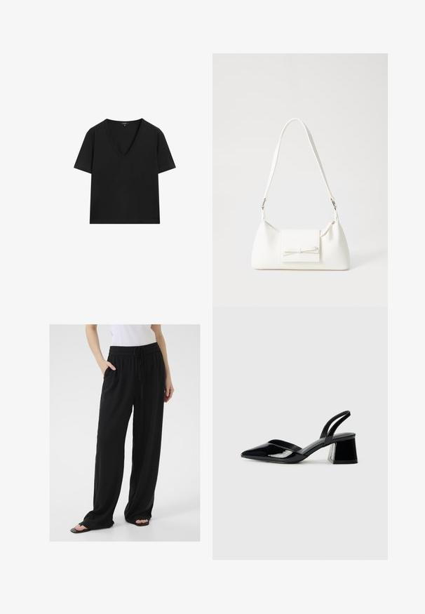 Black short-sleeve V-neck T-shirt with a simple, fitted design on a white background.; Black, loose-fitting pants made of soft fabric with an elastic waistband, adjustable drawstring, and side pockets. Flared leg design.; Black patent leather slingback heels with a pointed toe and a geometric block heel. Features a sleek, minimal design and smooth texture.; White synthetic handbag with a triangular shape, flat front flap and bow detail, adjustable strap, smooth texture, and minimalistic design.