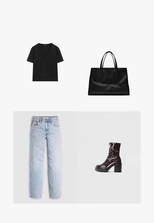 Zwarte T-shirt met korte mouwen en V-hals, met een eenvoudig, aansluitend ontwerp op een witte achtergrond.; Lichtblauwe spijkerbroek met hoge taille, losvallende pasvorm, rechte pijpen en een klassiek ontwerp met vijf zakken. Zichtbare vervaging en stikseldetails.; Glanzende bordeauxrode enkelboot met een chunky zwarte hak, met een gladde textuur en een eenvoudig ontwerp. Geen zichtbare sluitingen of patronen.; Zwarte leren totebag met twee lange handvatten, een gestructureerde vorm, een gladde textuur en een minimalistisch ontwerp. Geen zichtbare hardware of accenten.