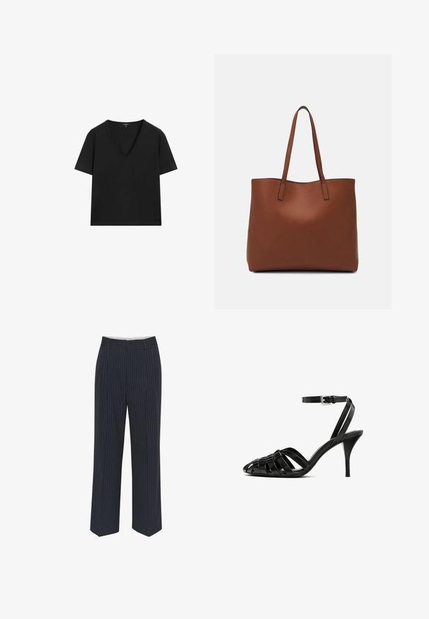Czarny T-shirt z krótkim rękawem i dekoltem w serek o prostym, dopasowanym kroju na białym tle.; Granatowe spodnie z białymi pionowymi paskami, szerokie nogawki, gładki materiał, szlufki na pasek oraz kant z przodu dla eleganckiego wyglądu.; Czarne skórzane sandały na wysokim obcasie z paskiem na kostce, z plecionymi paskami na palcach, gładkim wykończeniem i spiczastym kształtem noska.; Brązowa skórzana torba tote o gładkiej fakturze, z otwartym wierzchem i dwoma ramiączkami. Charakteryzuje się minimalnym przeszyciem i brakiem widocznych elementów metalowych.