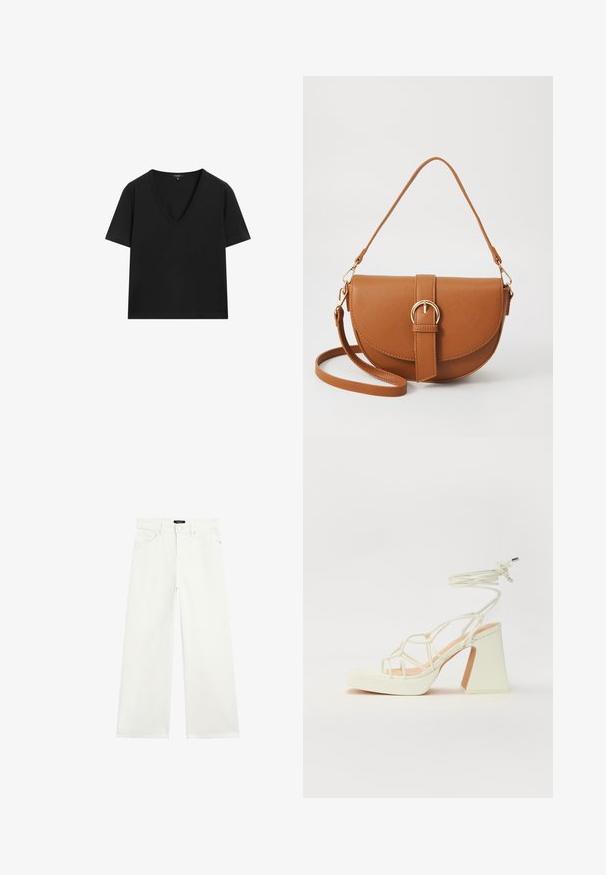 Sort kortærmet V-hals T-shirt med et simpelt, tætsiddende design på en hvid baggrund.; Hvide bredbenede jeans lavet af denim. Har et fem-lomme design og en lynlås med knaplukning. Glat tekstur og rene linjer.; Hvide højhælede sandaler med en kraftig hæl, der har et stropdesign og ankelbinding. Glat tekstur med en platform foran for ekstra højde.; Brun læder crossbody taske med en buet form, guldfarvet hardware og en spændeaccent. Har en aftagelig skulderrem.