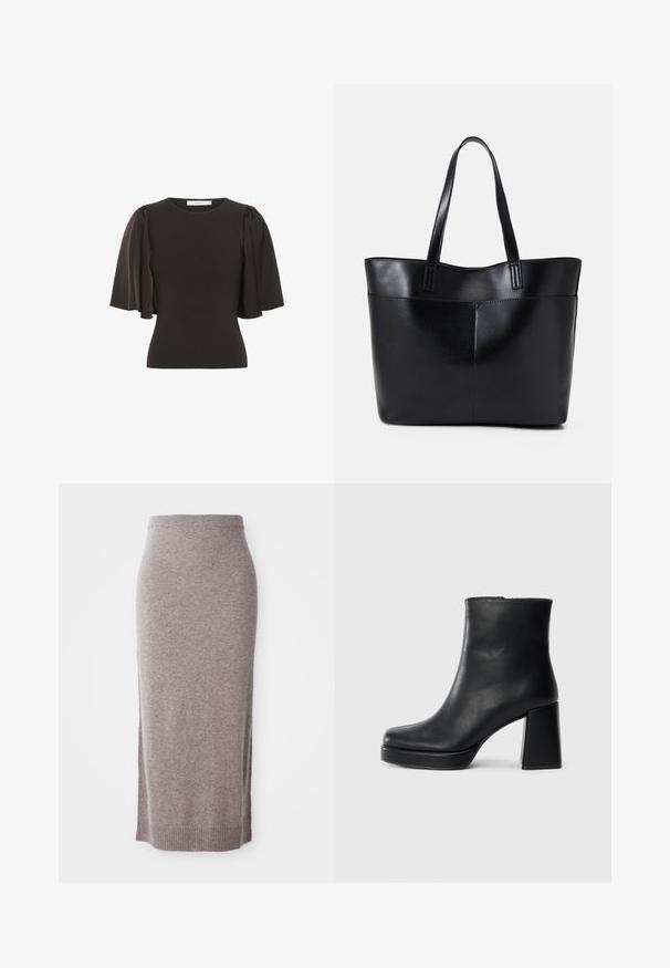 Zwarte top met korte, gepofte mouwen van gladde stof. Heeft een ronde halslijn en een aangesloten silhouet.; Knielange, taupe gebreide kokerrok met een geribde tailleband en zoom, voorzien van zijsplitten voor extra comfort en stijl.; Zwarte leren enkelboot met een blokhak en platformzool, zijaanzicht op een effen witte achtergrond.; Zwarte leren tote bag met twee lange handvatten, een zachte textuur en een gestructureerde vorm. Voorzien van een voorvak voor extra opslagruimte.