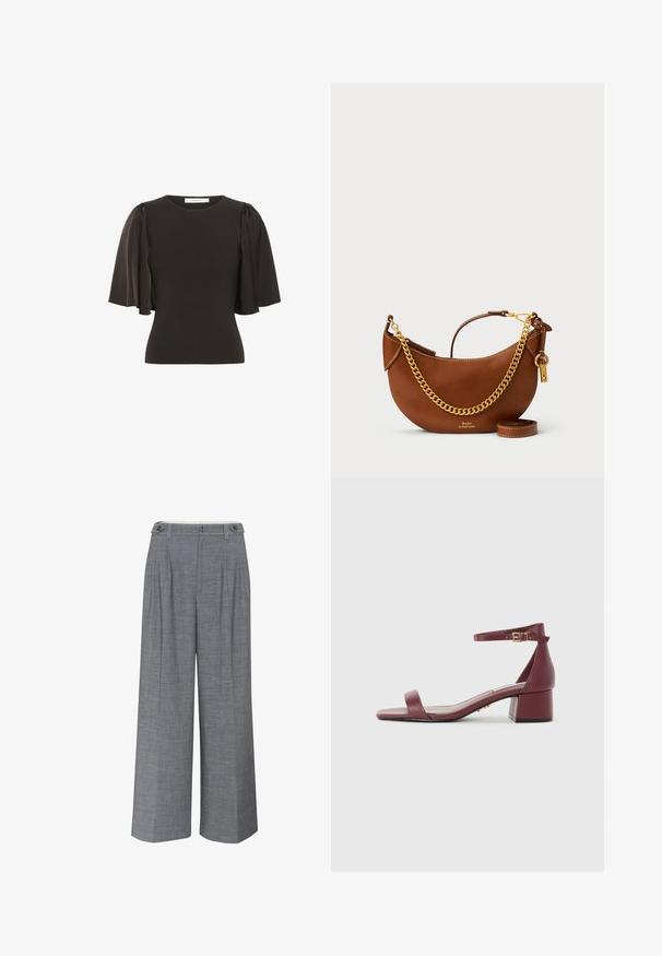 Must have lühikeste puhvvarrukatega must särk, mis on valmistatud siledast kangast. Omaduseks ümmargune kaelus ja kergelt keha lähedal istuv lõige.; Hallid hallid püksid, mis on valmistatud tekstuuriga kangast, millel on topeltnupukinnitus ja eesmine voldik, et lisada disaini detaile.; Burgundi nahkainel sandaal ruudukujulise varbaga, peene pahkluu rihmaga, kuldse riistvaraga ja paksu plokk-kanna. Sile tekstuur ja minimalistlik disain.; Pruun nahast käekott kaarjate joontega, kullast ketirihm, sisemine tasku ja eemaldatav õlarihm. Omab kontrastset õmblust.