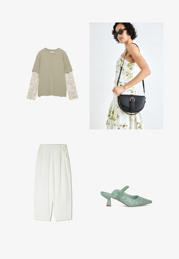 Bawełniany top w kolorze khaki z krótkim rękawem i długimi, wzorzystymi rękawami w jasnoszarym kolorze, zdobionymi teksturowanym wzorem.; Luźne, białe spodnie do kolan wykonane z lekkiego materiału, z bocznymi kieszeniami i marszczonym elastycznym pasem.; Miętowo-zielony but na obcasie z wyciągniętym noskiem, wycięciami w designie i ozdobami. Posiada smukły obcas oraz pasek w kostce z dekoracyjnymi kamieniami.; Czarna skórzana torebka o zakrzywionym kształcie, z odpinanym paskiem i złotymi akcentami. Torebka posiada klapę z zapięciem w kształcie klamry.
