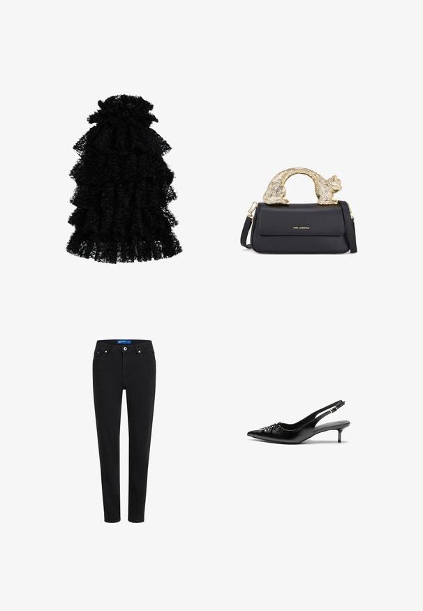 Črna nagubana obleka iz teksturirane tkanine, ki ima več plasti in zbrano izrezan vrat, kar ustvarja obsežno silhueto.; Bela srajca z dolgimi rokavi in gumbi, izdelana iz gladkega bombažnega mešanega materiala. Ima klasičen ovratnik, sprednje zapiranje na gumbe in zaokrožene manšete.; Črne kavbojke iz denima z ozkim krojem, s petimi žepi, zadrgo in kovinsko zaponko. Imajo diskretno šivanje in srednje visok pas.; Črne usnjene slingback pete z izostrenim nosom, majhno mačje peto in okrasno vozličasto podrobnostjo na sprednjem delu. Gladka tekstura po celotni površini.; Črna usnjena torbica z zlatim ročajem v obliki mačke, z zgornjim poklopcem, nastavljivim trakom in logotipom na spodnjem sprednjem delu.