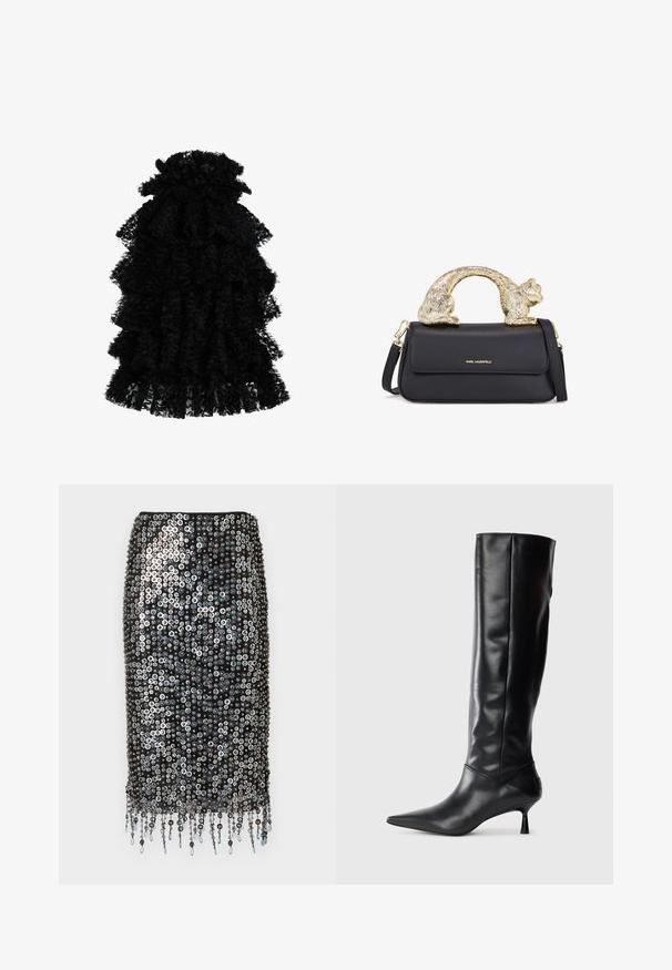 Černé volánkové šaty vyrobené z texturované tkaniny, s mnoha vrstvami a nařaseným výstřihem, vytvářející objemný siluetu.; Černá sukně s flitry s přiléhavým střihem, zdobená kruhovými flitry a dekorativními třásněmi na lemu.; Černé kožené vysoké boty po kolena s špičatou špičkou a štíhlým zakřiveným podpatkem. Hladký povrch, přiléhavý design a žádné viditelné kování nebo vzory.; Černá kožená kabelka se zlatým držadlem ve tvaru kočky, s předním klopovým uzávěrem, nastavitelným popruhem a detailem loga na dolní přední straně.