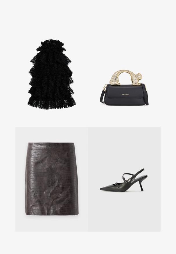 Czarna sukienka z falbanami, wykonana z teksturowanej tkaniny, z wieloma warstwami i marszczonym dekoltem, tworząca objętościową sylwetkę.; Krótka spódnica w kolorze ciemno brązowym z tłoczeniem w kształcie krokodyla, charakteryzująca się gładką fakturą i dopasowanym krojem z delikatnym rozkloszowaniem na dolnym końcu.; Czarne skórzane sandały na obcasie typu slingback z wydłużonym noskiem, smukłym obcasem i ozdobnym zapięciem na cholewce. Gładka tekstura i elegancka forma.; Czarna skórzana torebka z złotym uchwytem w kształcie kota, posiadająca przednią klapkę, regulowany pasek oraz detal z logo na dolnej części przodu.
