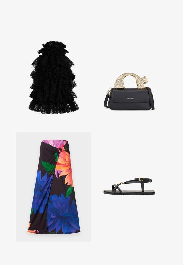 Vestido negro con volantes hecho de una tela texturizada, que presenta múltiples capas y un escote fruncido, creando una silueta volumétrica.; Falda maxi floral con un fondo negro, que presenta grandes flores azules y naranjas. Diseño anudado en la cintura con un acento rojo. Tejido suave.; Sandalias de cuero negro con tiras delgadas y una correa de tobillo con hebilla. Suela plana con un acabado texturizado y borde en zigzag. Diseño minimalista.; Bolso de mano de cuero negro con un asa en forma de gato dorado, presenta una solapa frontal, una correa ajustable y un detalle del logo en la parte inferior delantera.