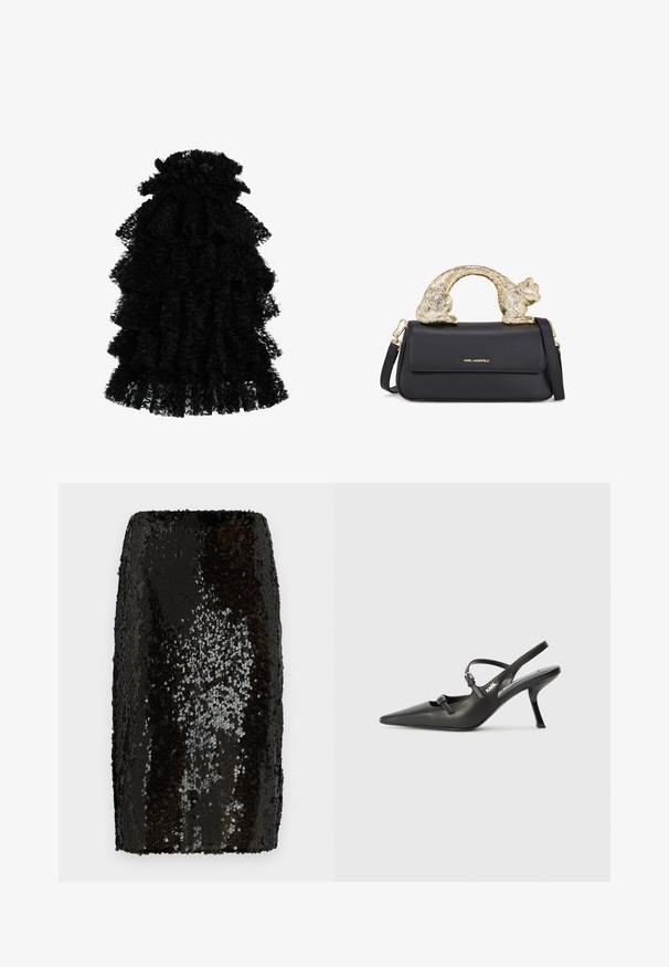 Fekete, fodros ruha textúrált anyagból, amely több rétegből készült és ráncolt dekoltázsa van, így légies sziluettet teremt.; Fekete, flitterezett ceruzaszoknya, amely szoros szabású. Sűrű, fényes flitterek borítják, texturált felületet kialakítva. Simább belső bélés.; Fekete bőrszíjjal ellátott magassarkú cipő, hegyes orral, karcsú sarkával és díszes csattal a vamp részén. Simás textúra és elegáns dizájn.; Fekete bőrtáska arany macska alakú fogantyúval, elülső fedéllel, állítható pánttal és logó részlettel az alsó részen.