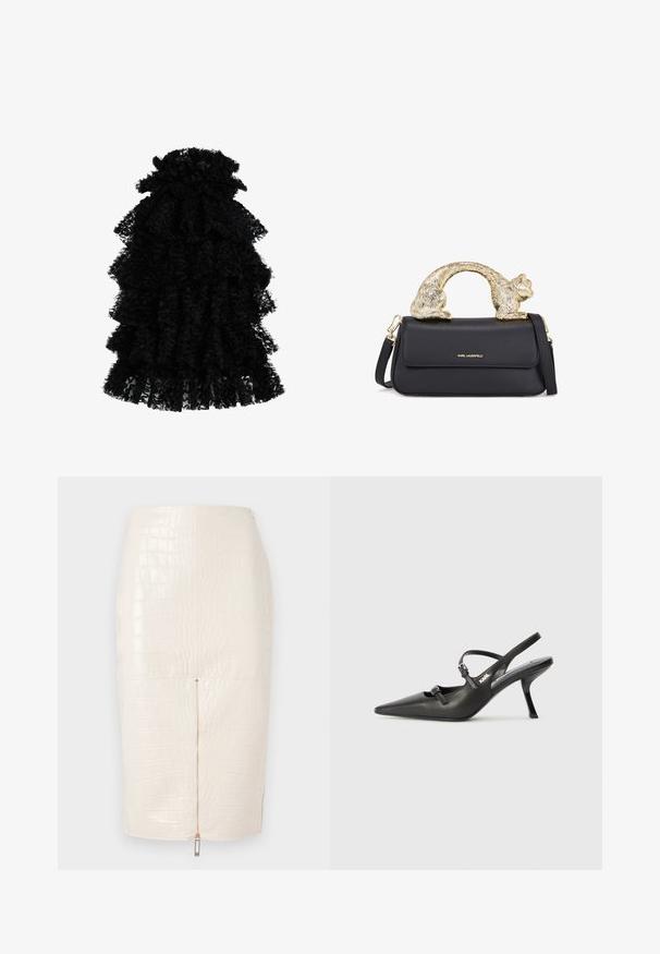 Juodas raukinėmis suknelė, pagaminta iš tekstūruoto audinio, su keliais sluoksniais ir susiraukšlėjusia apykakle, sukurianti apimtį turinčią siluetą.; Krokodilo rašto dirbtinės odos kreminės spalvos pieštuko sijonas, su užtrauktuku gale ir lygia, blizgia tekstūra.; Juodi odiniai slingback kulniukai su smailiu pirštu, siauru kulnu ir dekoratyvine sagtimi viršuje. Lygus paviršius ir elegantiškas dizainas.; Juodas odinis rankinukas su auksine katės formos rankena, turintis priekinę atvartą, reguliuojamą diržą ir logotipo detalę apatiniame priekyje.
