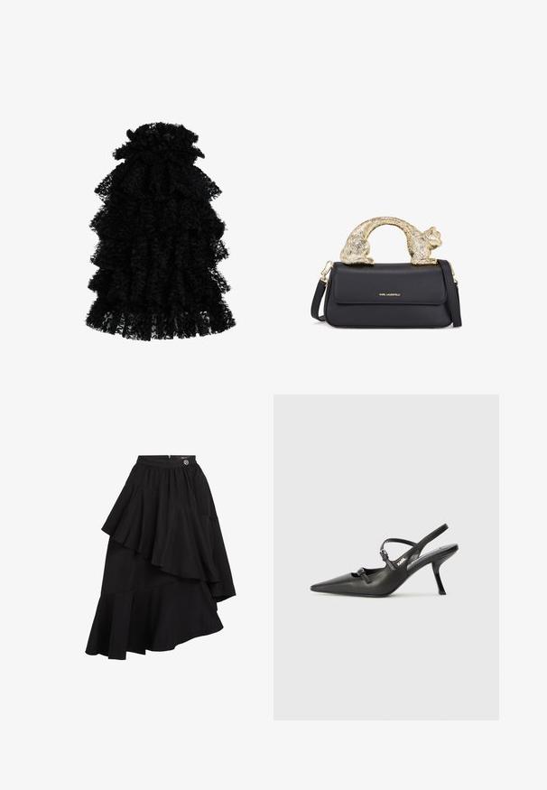Svart rynkad klänning av texturerat tyg, med flera lager och en samlad halsringning som skapar en voluminös silhuett.; Svart lagerkjol med asymmetriska volanger, en figursydd midja och dragkedja bak. Slät, lätt tygtäthet.; Svarta läderklackar med slingback, spetsig tå, smal klack och dekorativ spänndetalj på ovansidan. Slät struktur och stilren design.; Svart läderhandväska med ett guldkattsformat handtag, med en främre klaff, justerbar rem och logodetalj på den nedre framsidan.