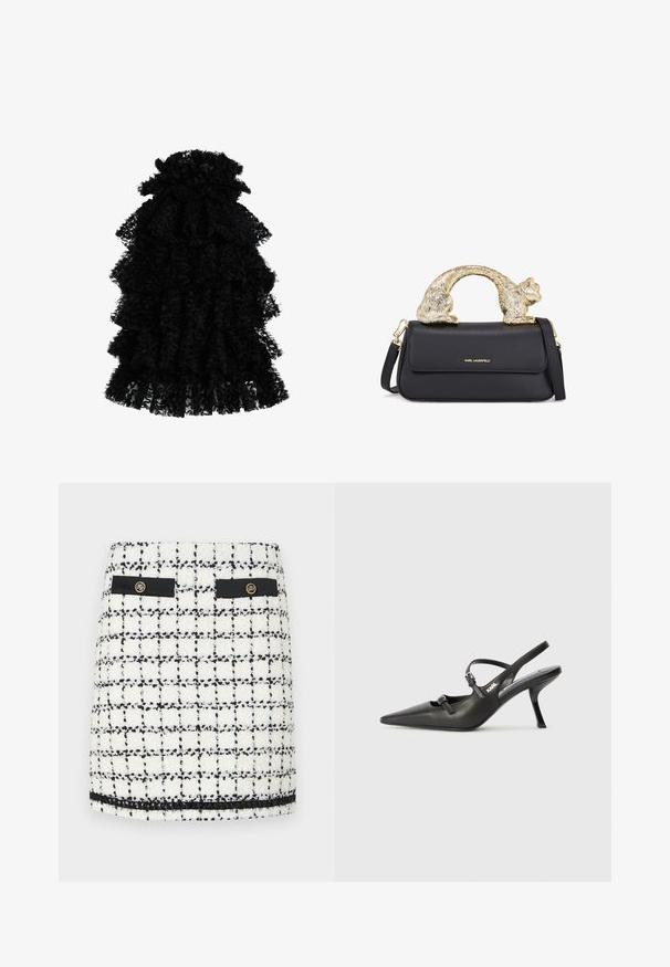 Abito nero a balze realizzato in tessuto testurizzato, caratterizzato da più strati e un collo arricciato, creando una silhouette voluminosa.; Mini gonna in tweed bianco e nero, con motivo a griglia, dettagli neri, due tasche frontali e bottoni dorati.; Scarpe slingback nere in pelle con punta affilata, tacco sottile e dettaglio decorativo a fibbia sulla tomaia. Texture liscia e design elegante.; Borsa a tracolla in pelle nera con manico a forma di gatto dorato, dotata di pattina frontale, tracolla regolabile e dettaglio logo sulla parte anteriore inferiore.