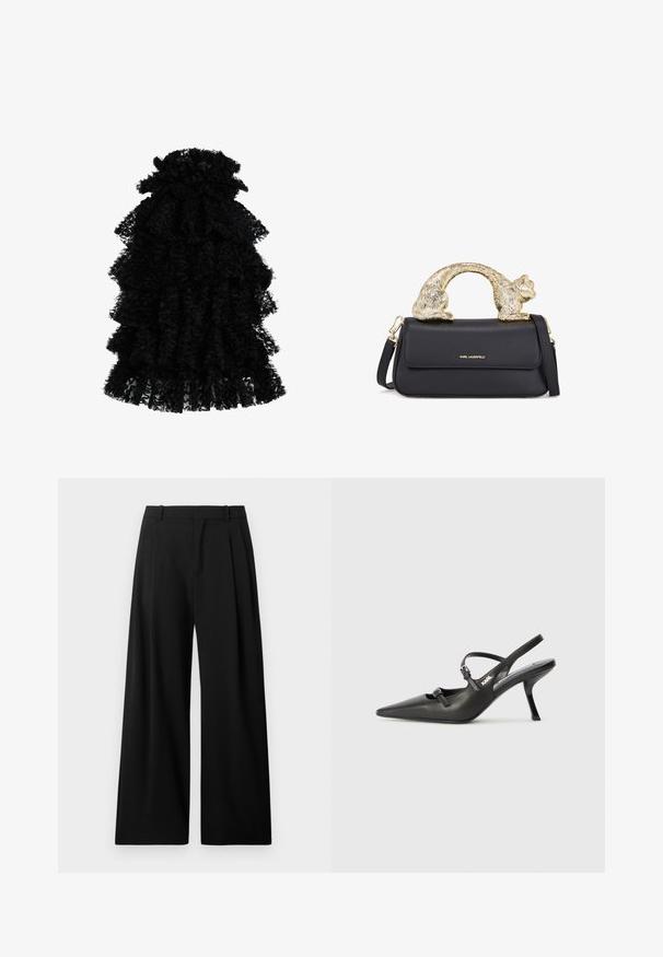 Schwarzes, rüschendes Kleid aus strukturiertem Stoff, das mehrere Lagen und einen gerafften Ausschnitt aufweist, wodurch eine voluminöse Silhouette entsteht.; Schwarze, weit geschnittene Hosen aus glattem Stoff. Mit Falten an der Vorderseite und einem einfachen Bund mit Gürtelschlaufen. Keine sichtbaren Taschen.; Schwarzlederne Slingback-Absätze mit spitzer Zehenform, schlankem Absatz und dekorativem Schnallendetail auf dem Blatt. Glatte Textur und elegantes Design.; Schwarze Ledertasche mit einem goldenen katzenförmigen Griff, ausgestattet mit einem vorderen Klappenverschluss, einem verstellbaren Trageriemen und einem Logodetail auf der unteren Vorderseite.