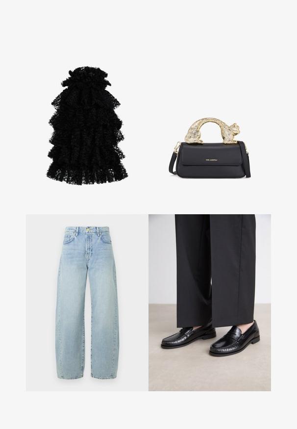 Vestido negro con volantes hecho de una tela texturizada, que presenta múltiples capas y un escote fruncido, creando una silueta volumétrica.; Jeans de mezclilla de un azul claro, de pierna ancha y cintura alta, con un ligero desgaste, cinco bolsillos y herrajes en tono dorado. El dobladillo es recto y sin terminar.; Mocasines de cuero negro con un acabado suave, con costuras alrededor de la punta y una suela de goma baja. Combinados con pantalones anchos negros.; Bolso de mano de cuero negro con un asa en forma de gato dorado, presenta una solapa frontal, una correa ajustable y un detalle del logo en la parte inferior delantera.