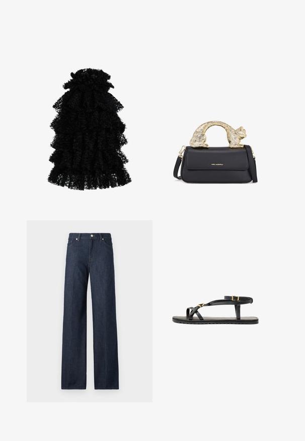 Zwarte gerimpelde jurk gemaakt van textuurstof, met meerdere lagen en een geraffineerde halslijn, die een volumineuze silhoeet creëert.; Donkere spijkerbroek met wijde benen heeft een hoge taille, riemlussen en een klassieke vijf-pocketontwerp. Soepele textuur met subtiele vervaging.; Zwarte leren sandalen met dunne banden en een gespsluiting rond de enkel. Platte zool met een gestructureerde afwerking en een zigzagrand. Minimalistisch design.; Zwarte leren handtas met een gouden kat-vormige handgreep, voorzien van een voorflap, verstelbare schouderband en logo-detail aan de onderzijde van de voorkant.