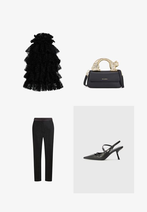Čierne riasené šaty vyrobené z textúrovanej látky, s viacerými vrstvami a zberaným výstrihom, vytvárajúcim objemný siluetu.; Čierne upravené nohavice s hladkým pásom, rovný strih a jemný textúrový vzor. Vhodné na formálne aj neformálne nosenie.; Čierne kožené slingback topánky na vysokom podpätku s ostrou špicou, štíhlym podpätkom a dekoratívnym detailom s prackou na priehlavku. Hladká textúra a elegantný dizajn.; Čierna kožená kabelka so zlatým úchytom v tvare mačky, so predným klopovým uzáverom, nastaviteľným popruhom a detailom loga na dolnej prednej časti.