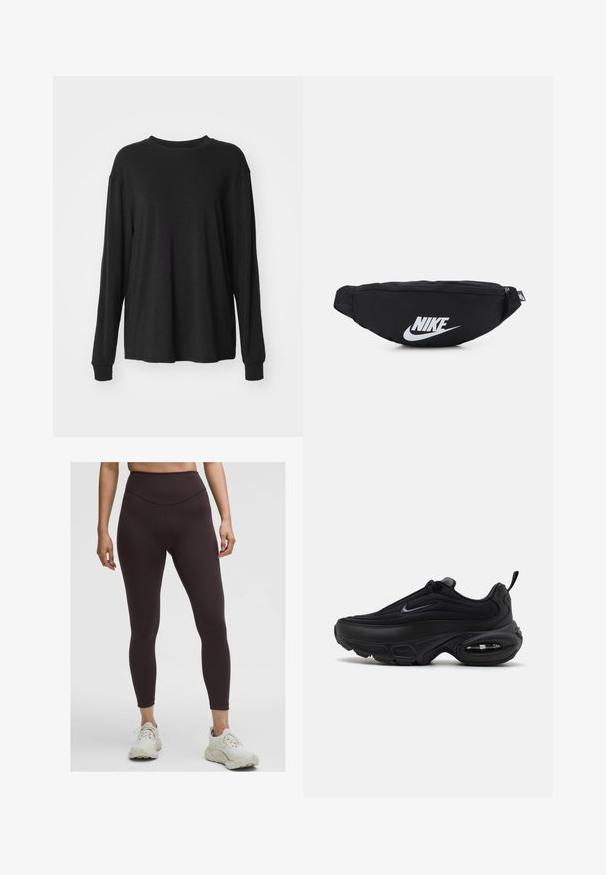 Musta pitkähihainen t-paita, jossa on pyöreä pääntie, laskeutuvat olkapäät ja pehmeä, sileä pinta. Yksinkertainen muotoilu ilman näkyviä kuvioita tai koristeita.; Henkilö, joka on pukeutunut korkeavyötäröisiin tummanruskeisiin legginsseihin ja valkoisiin urheilukenkiin, seisoo vaaleaa taustaa vasten.; Musta urheilukenkä, jossa on sileä, teksturoitu päällinen. Varustettu pyöreällä kärjellä, pehmustetulla nilkalla ja näkyvällä ilmanalenkulalla pohjassa.; Musta nailoninen vyölaukku, jossa on vetoketjullinen suljin ja suuri valkoinen Nike-logo. Liukas pinta ja ergonominen muotoilu mukautuu mukavaan käyttöön.