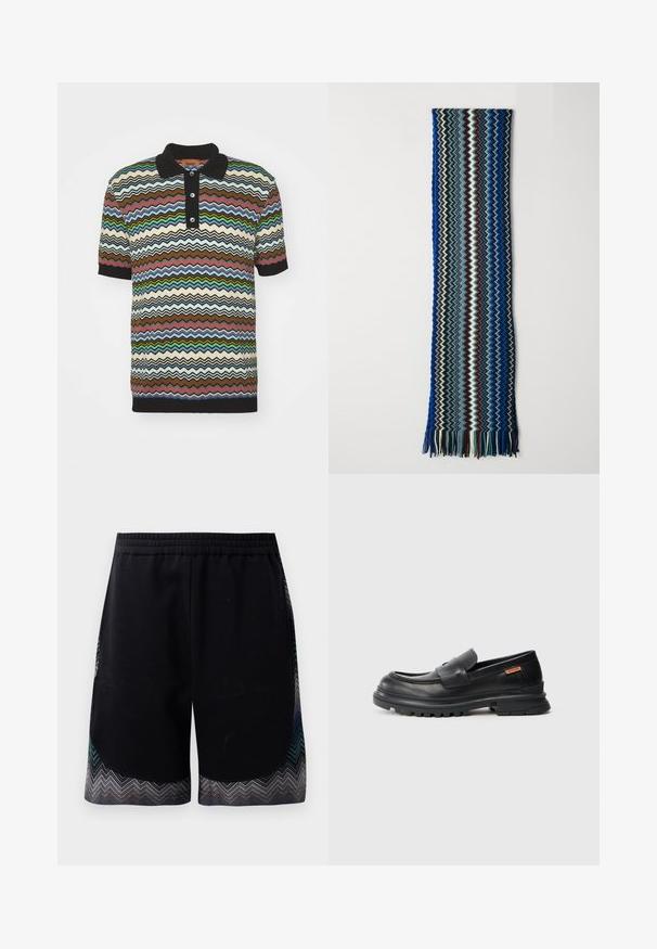 Koszulka polo z krótkim rękawem, wykonana z dzianiny, z wzorem w zygzaki w kolorach brązowym, kremowym, niebieskim, zielonym i czerwonym, z czarnym kołnierzykiem i zapięciem na trzy guziki.; Czarne sportowe spodenki z elastycznym paskiem w talii oraz hemem w zygzaku w kolorze turkusowym, szarym i czarnym. Materiał wydaje się miękki i lekki.; Czarne skórzane mokasyny z zaokrąglonym noskiem, niskim obcasem i grubą, teksturowaną gumową podeszwą. Posiadają przeszycie oraz małe logo po boku.; Tkany szal w zygzakowy wzór w kolorze niebieskim, zielonym, kremowym i burgundowym. Posiada frędzle na końcach i teksturowaną powierzchnię.