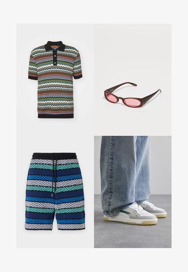 Short-sleeve knitted polo shirt featuring a zigzag pattern in brown, cream, blue, green, and red, with a black collar and three-button placket.; Multicolored shorts with a zigzag pattern in shades of navy, blue, green, and gray. Features a black waistband with drawstring.; White and gray sneakers with green accents, featuring a mesh upper and rubber sole, paired with blue denim jeans with frayed hems.; Brown tinted sunglasses with a sleek, elongated oval shape. Frames are made of glossy plastic; lenses are pink with a subtle curve.