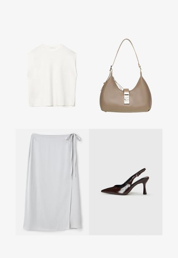 Hvid ærmeløs top med en afslappet pasform, rund halsudskæring, glat tekstur og lige kant. Simpelt design uden mønstre eller hardware.; Lys grå omslagsnederdel med en glat tekstur, sidelukning med bånd og en subtil slids på venstre side. Enkel design uden mønstre eller accenter.; Brune patenterede læderslingback-sandaletter med spids tå, en tynd hæl og justerbar rem med en lille spænde.; Beige læder håndtaske med en glat tekstur, hobo-form, enkelt strop og et metallisk logo-akkent på forsiden.