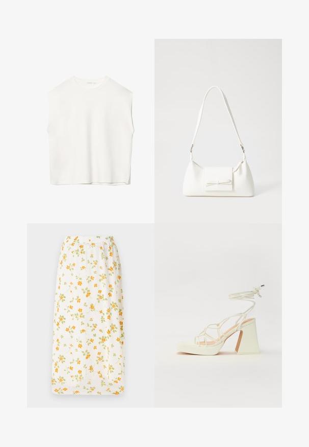 Weißes ärmelloses Oberteil mit einem lockeren Schnitt, Rundhalsausschnitt, glatter Textur und geradem Saum. Schlichtes Design ohne Muster oder Zubehör.; Lange Blümchenrock aus leichtem Stoff, weißer Grundton mit verstreuten orangefarbenen und grünen Blumen, elastischer Bund, fließendes Design.; Weiße High-Heel-Sandale mit einem klobigen Absatz, die über ein Riemchendesign und ein Knöchelband verfügt. Glatte Textur mit einer Plattform vorne für zusätzliche Höhe.; Weiße synthetische Handtasche in dreieckiger Form, flache Vorderklappe und Schleifendetail, verstellbarer Trageriemen, glatte Textur und minimalistisches Design.