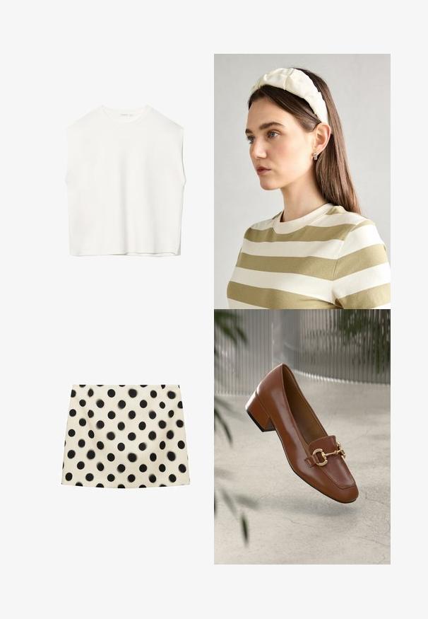 Bílý bezrukávový top s volnějším střihem, kulatým výstřihem, hladkou texturou a přímým lemem. Jednoduchý design bez vzorů a kovových prvků.; Mango Minisukně - off-white; Hnědé lakované kožené mokasíny se čtveratou špičkou, kovovým řetízkovým akcentem a nízkým blokovým podpatkem; hladká textura, minimalistický design.; Krémová polstrovaná čelenka s twist designem, doplněná béžovým a bílým pruhovaným tričkem s kulatým výstřihem. Jemné šperky.
