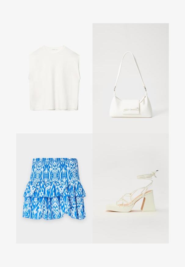 Witte mouwloze top met een ontspannen pasvorm, ronde halslijn, gladde textuur en rechte zoom. Eenvoudig ontwerp zonder patronen of metalen onderdelen.; Blauwe en witte geprinte rok met een smock taille, gelaagde ruffles aan de onderkant en een lichtgewicht stof. Bevat een ikat-stijl ontwerp.; Witte hoge hakken sandaal met een chunky hak, met een bandjesontwerp en enkelband. Gladde textuur met een plateau voor extra hoogte.; Witte synthetische handtas met een driehoekige vorm, platte voorklep en strikdetail, verstelbare schouderriem, gladde textuur en minimalistisch ontwerp.